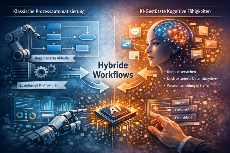 Illustration von hybriden Workflows mit klassischer Prozessautomatisierung und KI